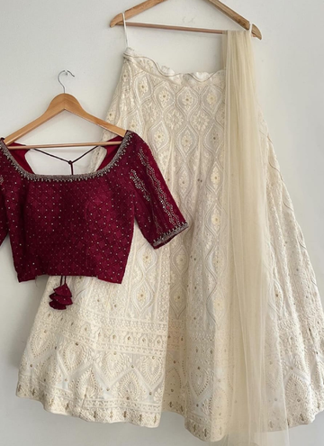 White Color Faux Georgette Embroidery Work New Lehenga Design